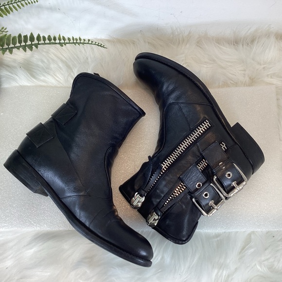 GIUSEPPE ZANOTTI BLACK LEATHER MOTO COMBAT BOOTS ZIPPERS STRAPS EUR 38 US 8 - Picture 9 of 14